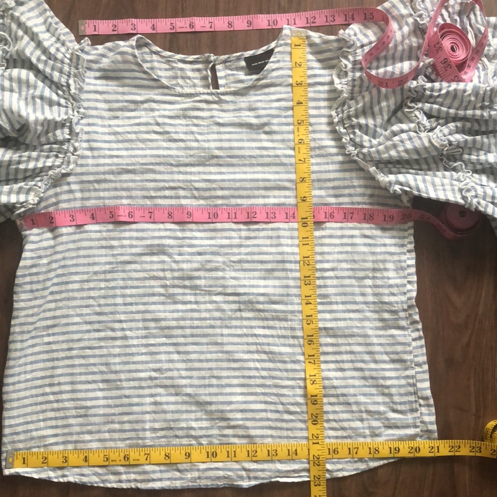 Blue White Stripe 100% Cotton Blouse Ruffle Sleeve - Picture 7 of 8